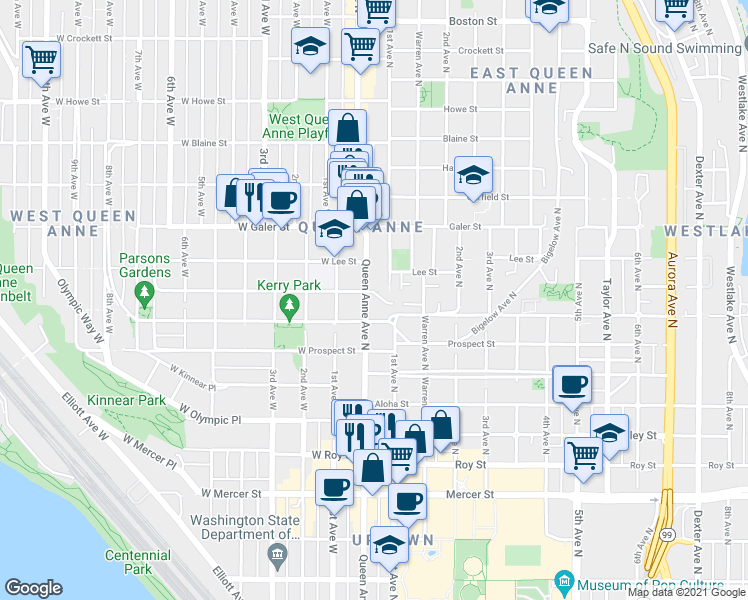 map of restaurants, bars, coffee shops, grocery stores, and more near in Seattle