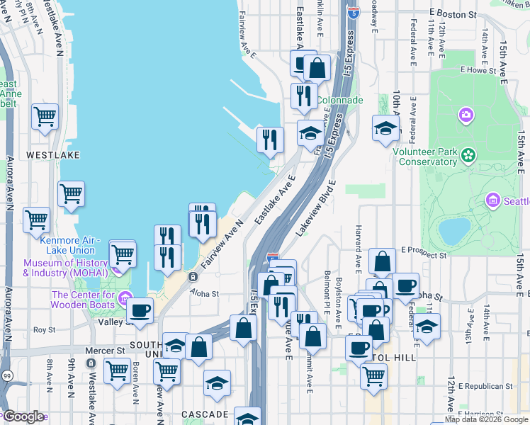 map of restaurants, bars, coffee shops, grocery stores, and more near 917 Eastlake Ave E in Seattle