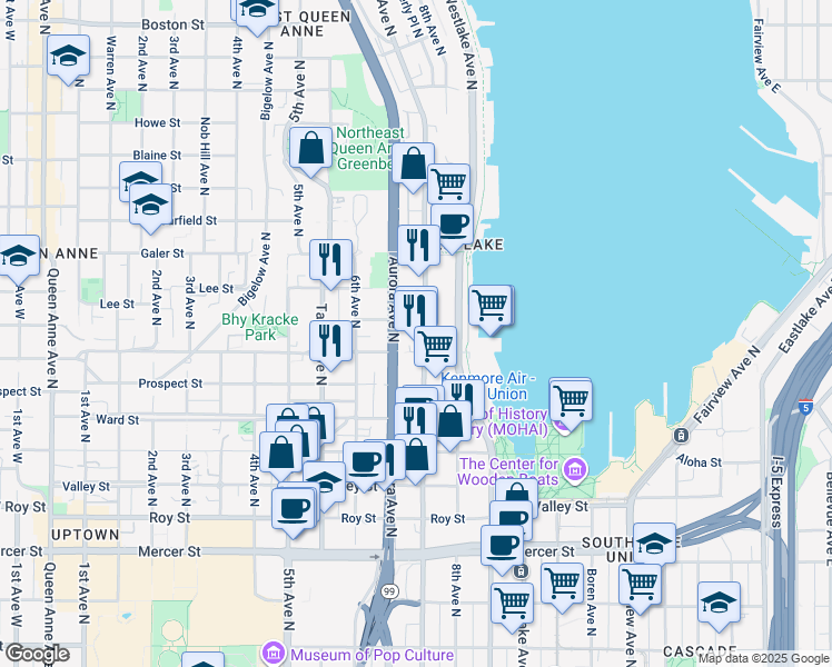 map of restaurants, bars, coffee shops, grocery stores, and more near 1215 Dexter Avenue North in Seattle