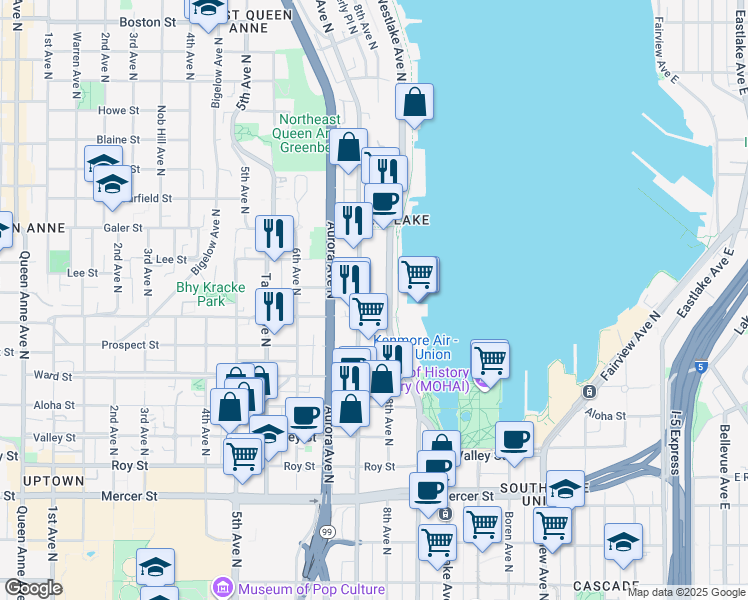 map of restaurants, bars, coffee shops, grocery stores, and more near 1209 Westlake Avenue North in Seattle