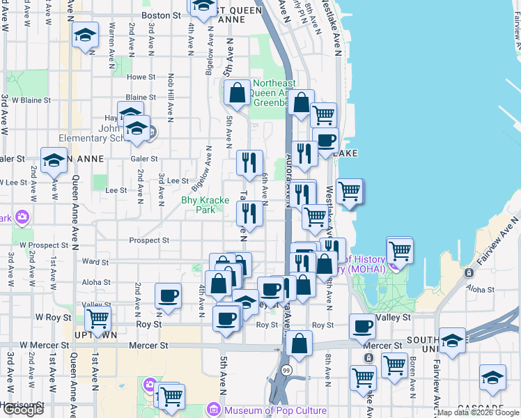 map of restaurants, bars, coffee shops, grocery stores, and more near 1120 6th Avenue North in Seattle
