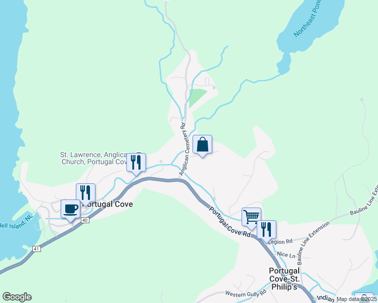 map of restaurants, bars, coffee shops, grocery stores, and more near 24 Anglican Cemetery Road in Portugal Cove-St. Philip's