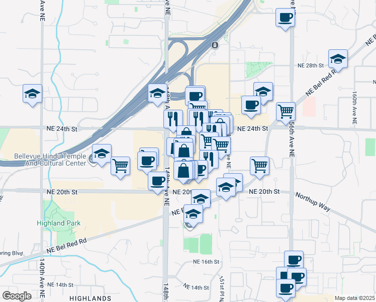 map of restaurants, bars, coffee shops, grocery stores, and more near 2200 148th Avenue Northeast in Redmond