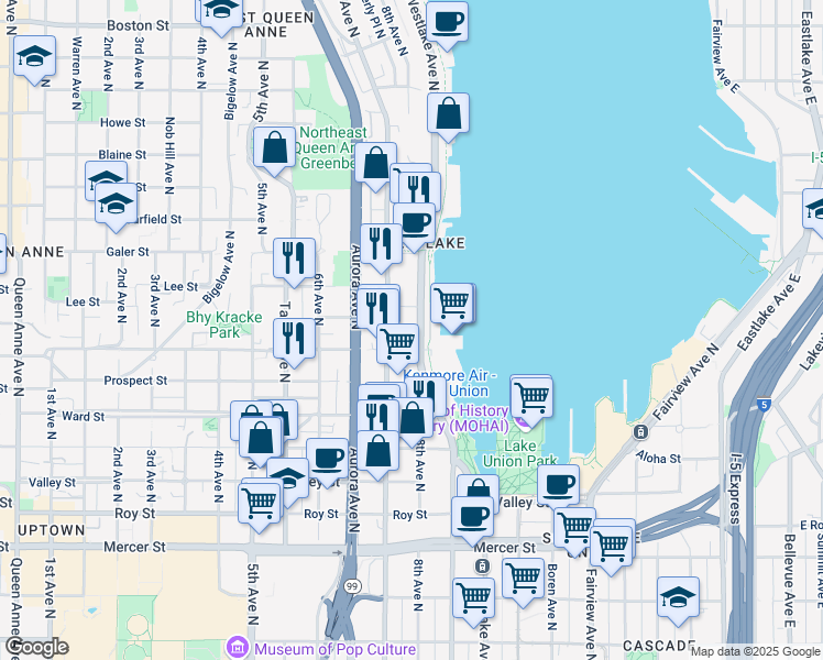 map of restaurants, bars, coffee shops, grocery stores, and more near 1209 Westlake Avenue North in Seattle