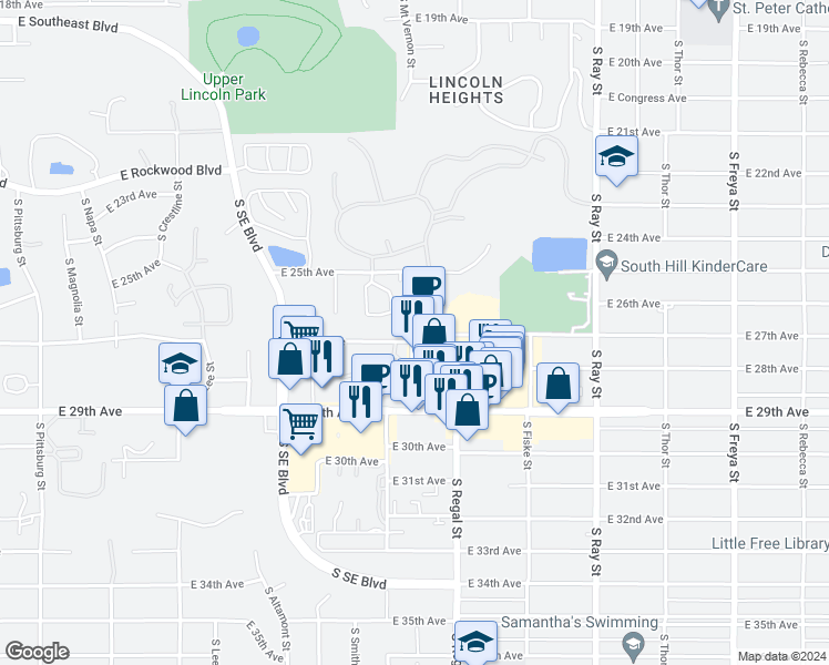 map of restaurants, bars, coffee shops, grocery stores, and more near 2815 East 27th Avenue in Spokane