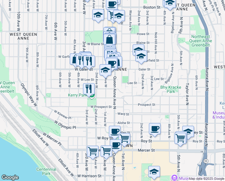 map of restaurants, bars, coffee shops, grocery stores, and more near in Seattle