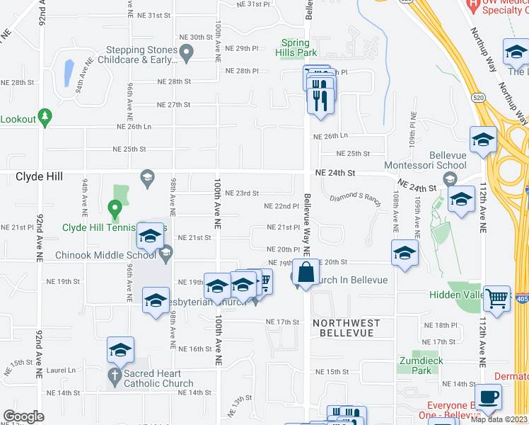 map of restaurants, bars, coffee shops, grocery stores, and more near 10223 Northeast 22nd Place in Bellevue