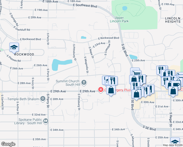 map of restaurants, bars, coffee shops, grocery stores, and more near 2521 South Magnolia Street in Spokane