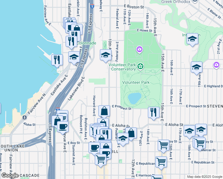 map of restaurants, bars, coffee shops, grocery stores, and more near 918 East Highland Drive in Seattle