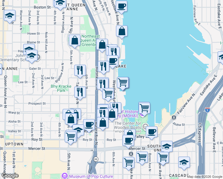 map of restaurants, bars, coffee shops, grocery stores, and more near 1247 Westlake Avenue North in Seattle
