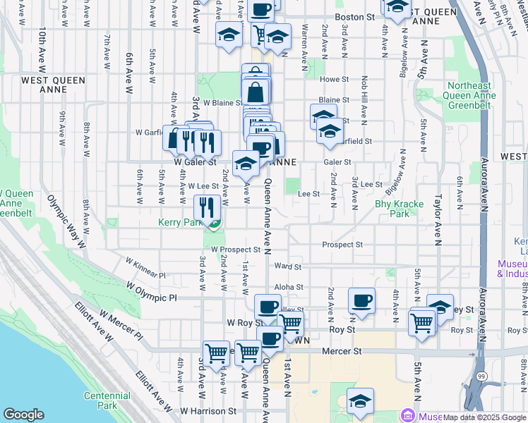 map of restaurants, bars, coffee shops, grocery stores, and more near in Seattle