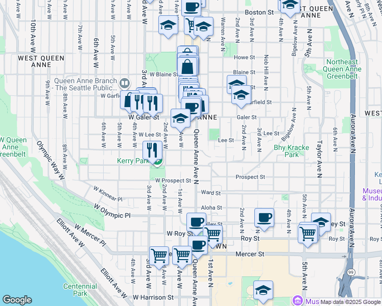 map of restaurants, bars, coffee shops, grocery stores, and more near in Seattle