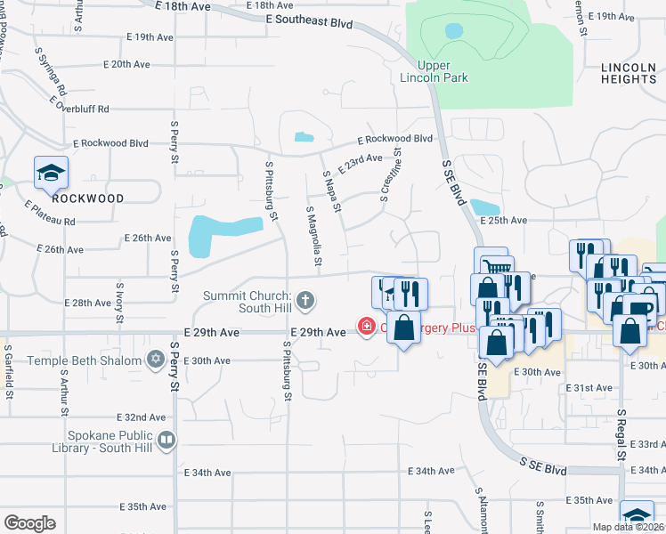 map of restaurants, bars, coffee shops, grocery stores, and more near 2521 South Magnolia Street in Spokane