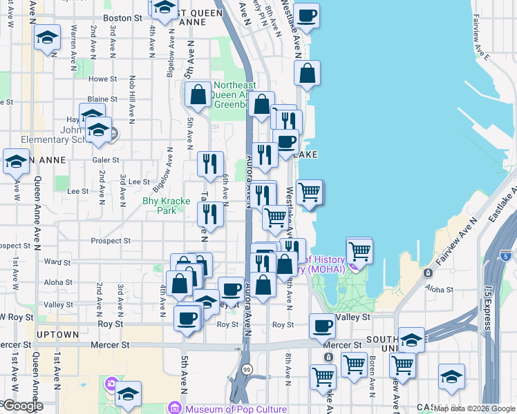map of restaurants, bars, coffee shops, grocery stores, and more near 1215 Dexter Avenue North in Seattle