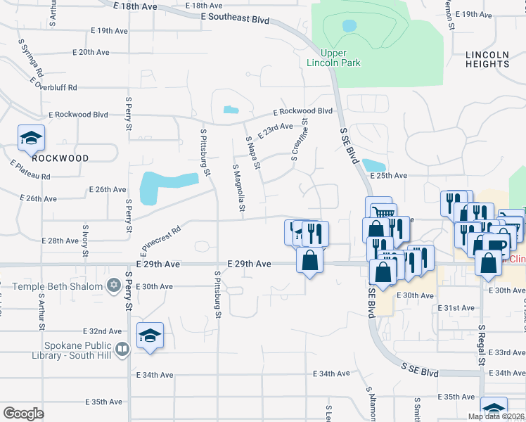 map of restaurants, bars, coffee shops, grocery stores, and more near 2521 South Magnolia Street in Spokane
