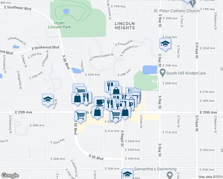 map of restaurants, bars, coffee shops, grocery stores, and more near 2711 East White Pines Lane in Spokane