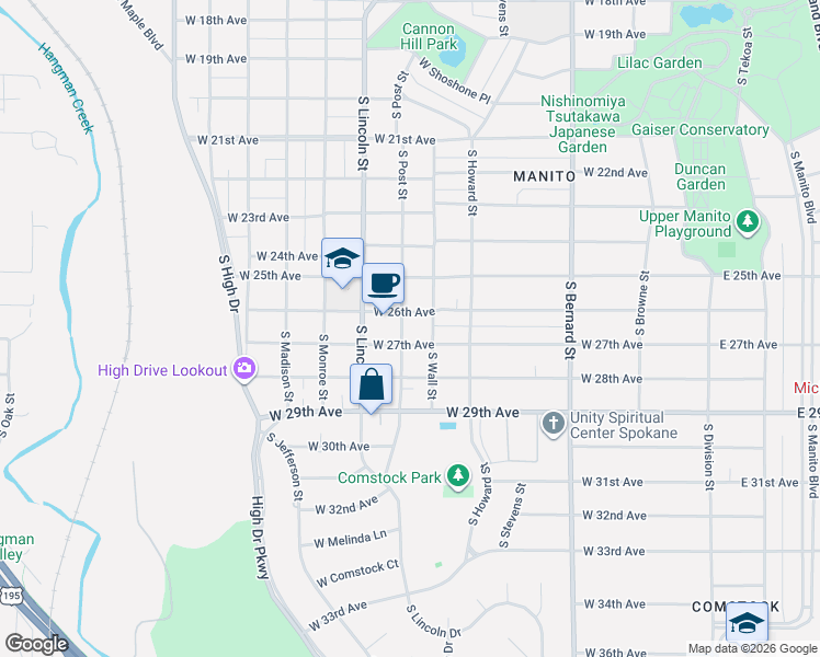 map of restaurants, bars, coffee shops, grocery stores, and more near 716 West 26th Avenue in Spokane