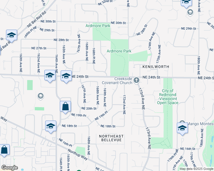 map of restaurants, bars, coffee shops, grocery stores, and more near 16922 Northeast 23rd Place in Bellevue