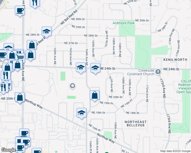 map of restaurants, bars, coffee shops, grocery stores, and more near 16411 Northeast 24th Street in Bellevue