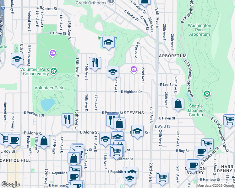 map of restaurants, bars, coffee shops, grocery stores, and more near 1212 19th Avenue East in Seattle