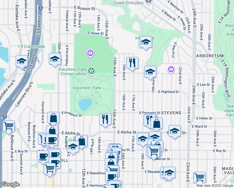 map of restaurants, bars, coffee shops, grocery stores, and more near 1211 16th Avenue East in Seattle