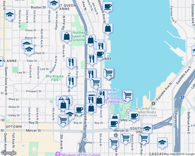 map of restaurants, bars, coffee shops, grocery stores, and more near 1247 Westlake Avenue North in Seattle