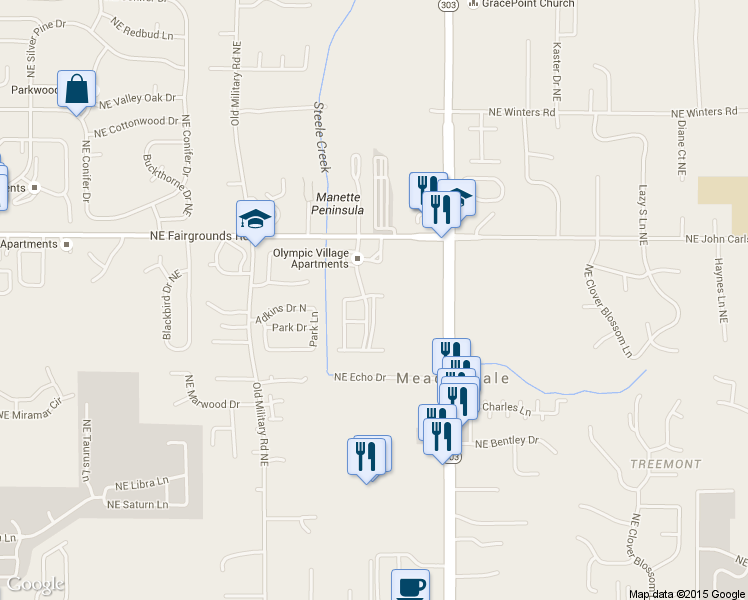 map of restaurants, bars, coffee shops, grocery stores, and more near 1310 Northeast Crystal Peak Lane in Bremerton