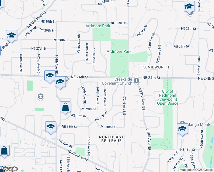 map of restaurants, bars, coffee shops, grocery stores, and more near 16922 Northeast 23rd Place in Bellevue