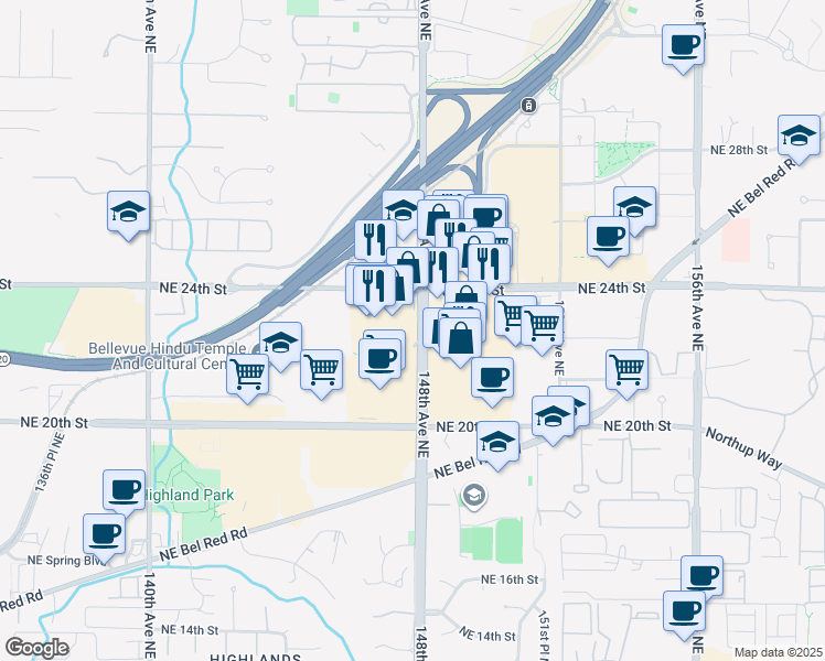 map of restaurants, bars, coffee shops, grocery stores, and more near 2337 148th Avenue Northeast in Bellevue