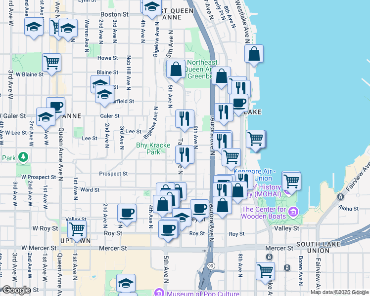 map of restaurants, bars, coffee shops, grocery stores, and more near 1246 Taylor Avenue North in Seattle