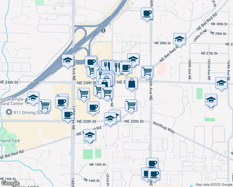 map of restaurants, bars, coffee shops, grocery stores, and more near 15157 Northeast 24th Street in Redmond