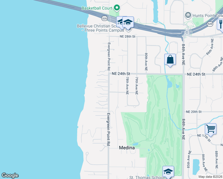 map of restaurants, bars, coffee shops, grocery stores, and more near 2206 Evergreen Point Road in Medina