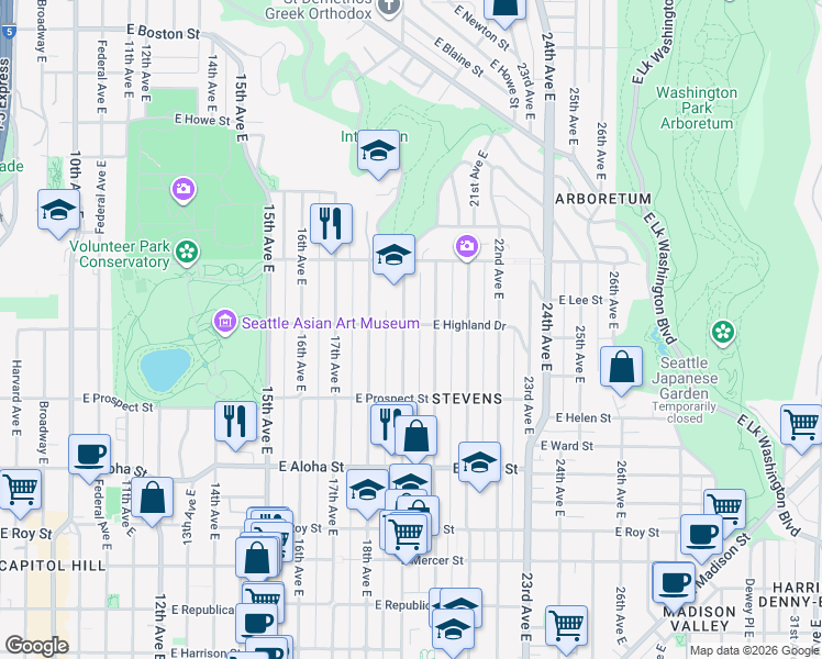 map of restaurants, bars, coffee shops, grocery stores, and more near 1212 19th Avenue East in Seattle