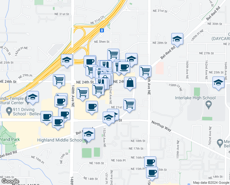 map of restaurants, bars, coffee shops, grocery stores, and more near 15157 Northeast 24th Street in Redmond