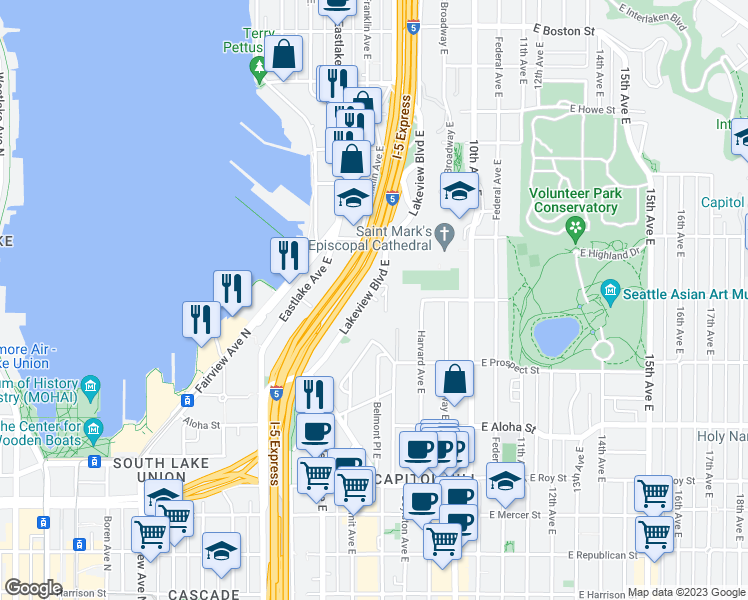 map of restaurants, bars, coffee shops, grocery stores, and more near 1230 Lakeview Boulevard East in Seattle