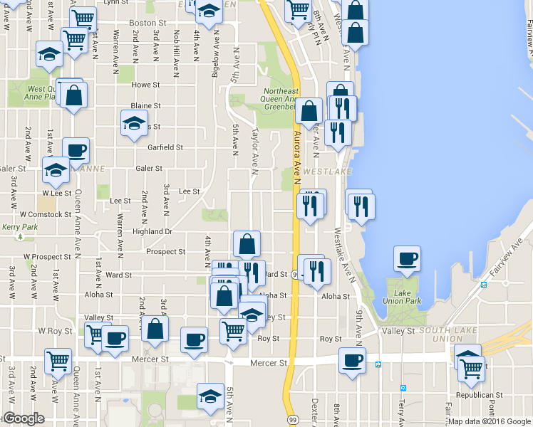 map of restaurants, bars, coffee shops, grocery stores, and more near 1246 Taylor Avenue North in Seattle