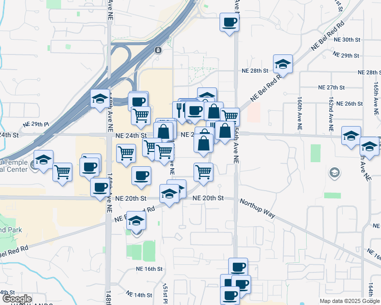 map of restaurants, bars, coffee shops, grocery stores, and more near 15301 Northeast 24th Street in Redmond