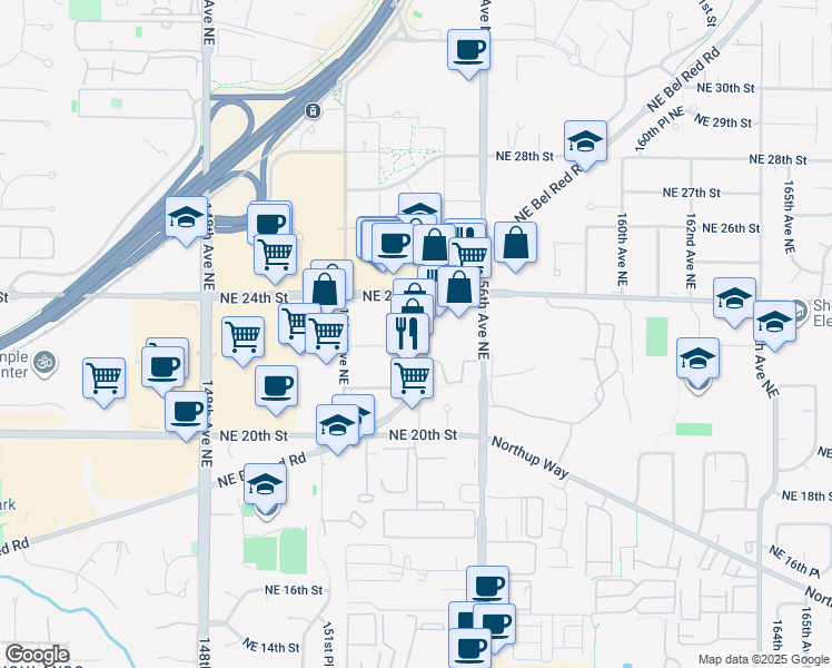 map of restaurants, bars, coffee shops, grocery stores, and more near 2355 Bel-Red Road in Redmond
