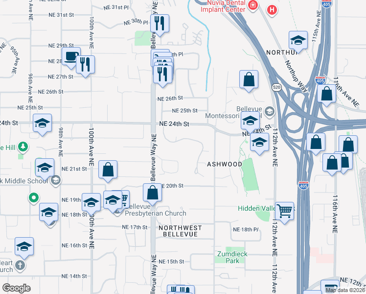 map of restaurants, bars, coffee shops, grocery stores, and more near 4 Diamond South Ranch in Bellevue