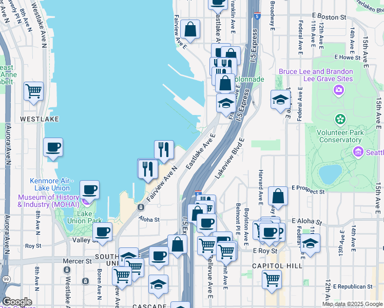 map of restaurants, bars, coffee shops, grocery stores, and more near 1165 Eastlake Avenue East in Seattle