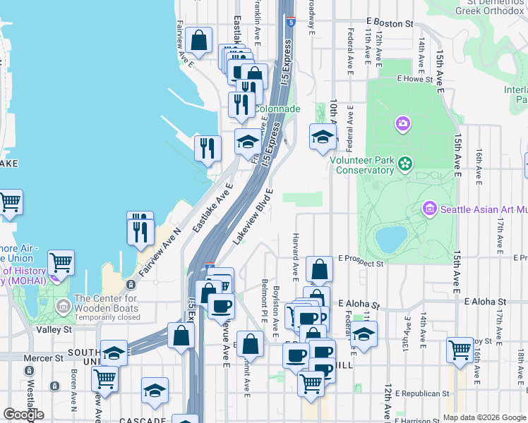 map of restaurants, bars, coffee shops, grocery stores, and more near 1230 Lakeview Boulevard East in Seattle