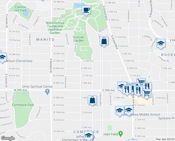 map of restaurants, bars, coffee shops, grocery stores, and more near 2522 South Tekoa Street in Spokane