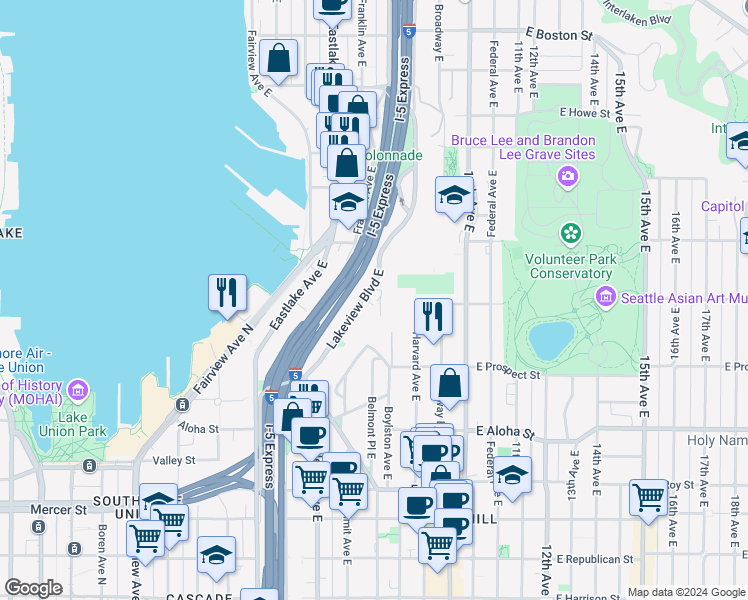 map of restaurants, bars, coffee shops, grocery stores, and more near 1308 Lakeview Boulevard East in Seattle