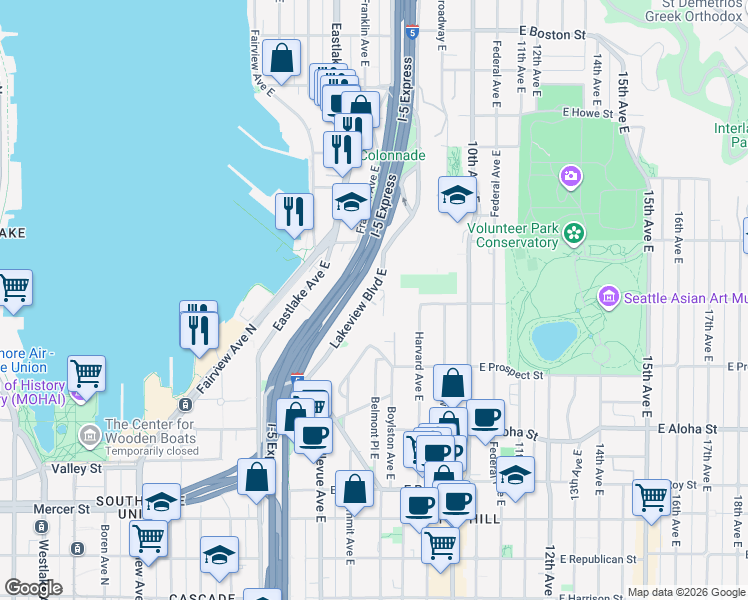 map of restaurants, bars, coffee shops, grocery stores, and more near 1230 Lakeview Boulevard East in Seattle