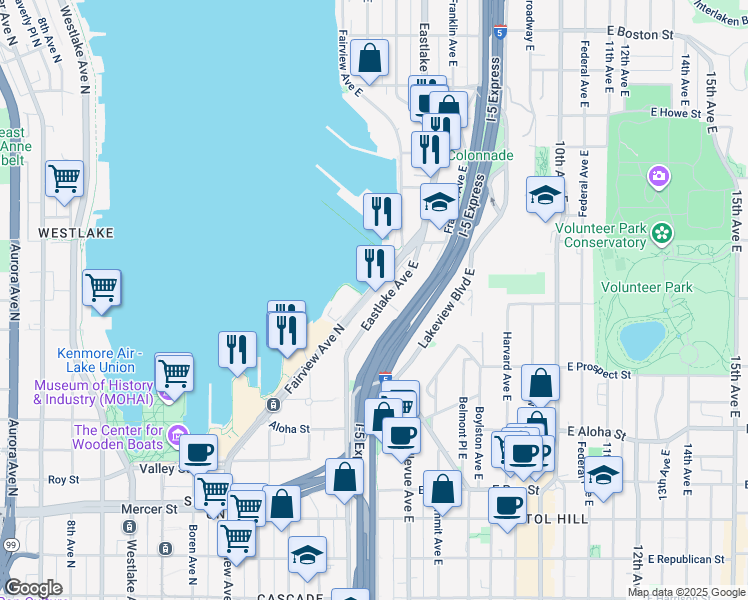 map of restaurants, bars, coffee shops, grocery stores, and more near 1208 Eastlake Avenue East in Seattle