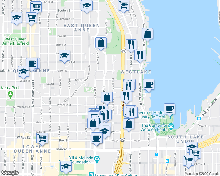 map of restaurants, bars, coffee shops, grocery stores, and more near 1246 Taylor Avenue North in Seattle