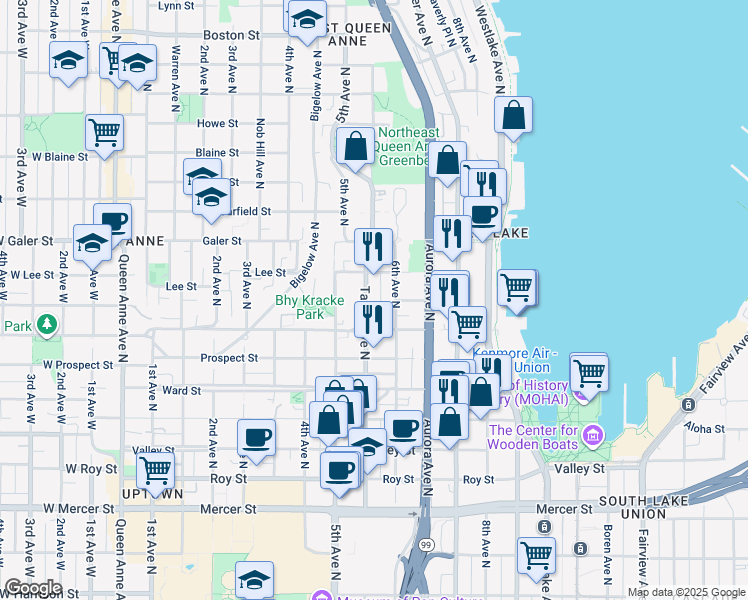 map of restaurants, bars, coffee shops, grocery stores, and more near 1246 Taylor Avenue North in Seattle