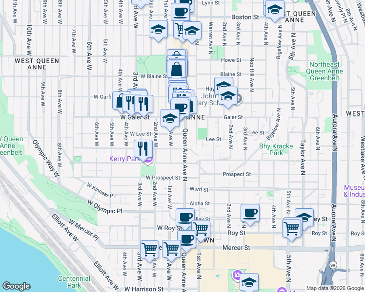 map of restaurants, bars, coffee shops, grocery stores, and more near in Seattle