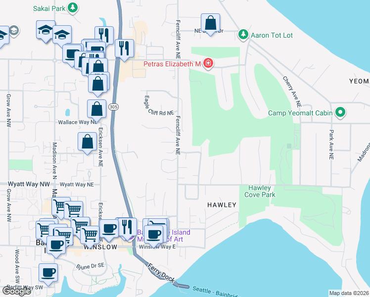 map of restaurants, bars, coffee shops, grocery stores, and more near 748 Ferncliff Avenue Northeast in Bainbridge Island