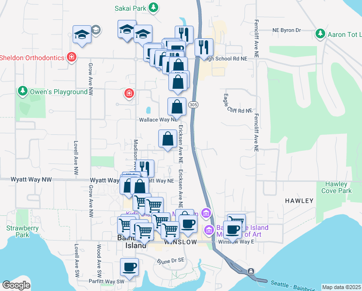 map of restaurants, bars, coffee shops, grocery stores, and more near 730 Ericksen Avenue Northeast in Bainbridge Island